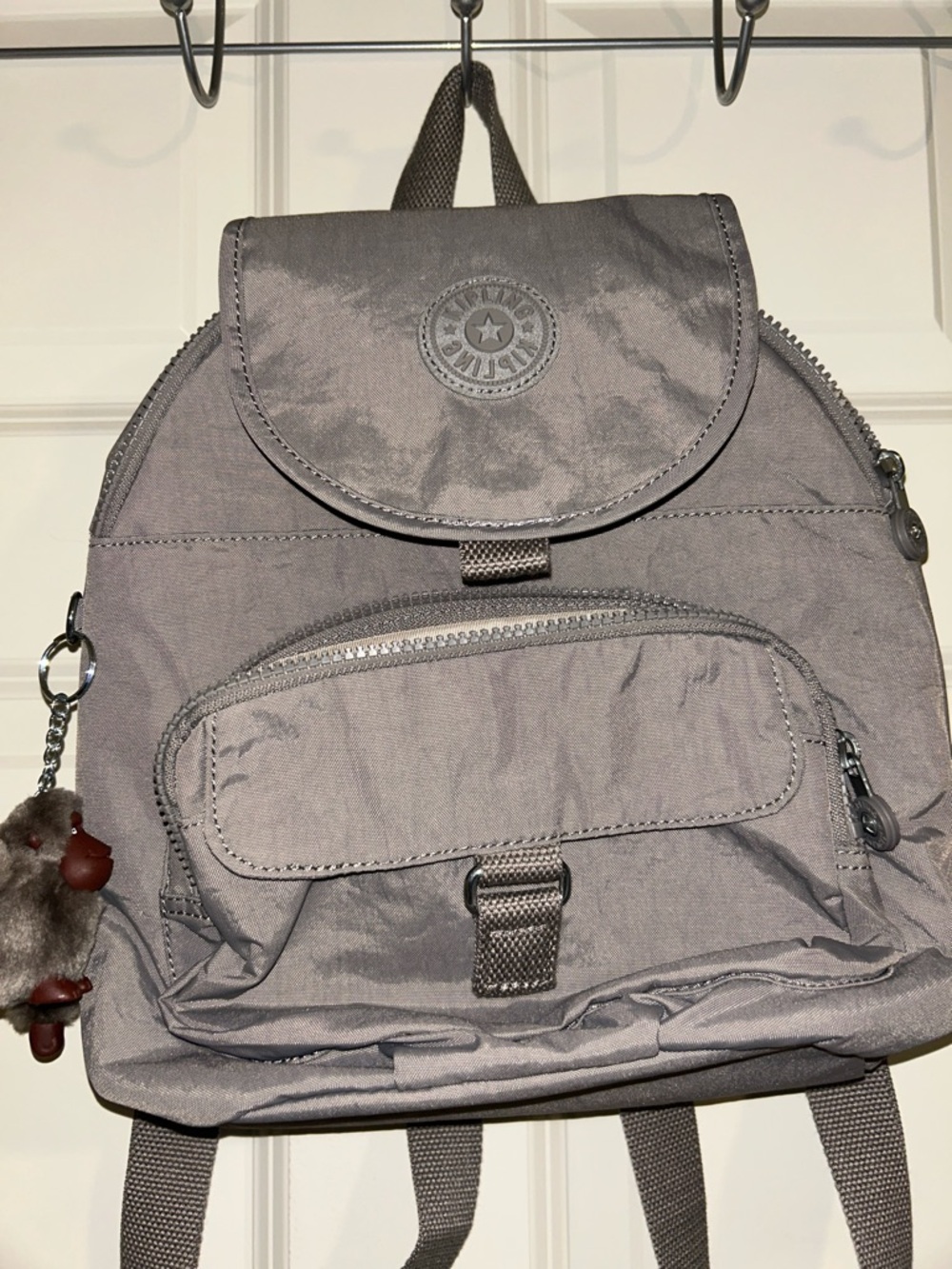 Kipling Taupe Mini Backpack with Monkey Charm